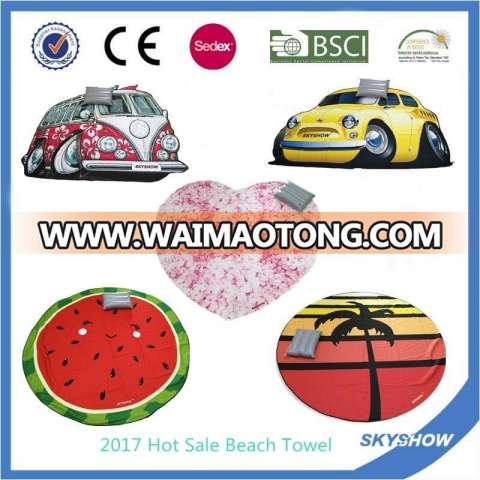 Printed Round Beach Towel with Inflatable Pillow Package